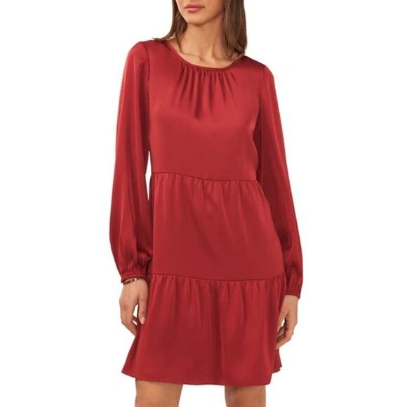 Halogen Satin Dress Long Sleeve Jewel Neck Tiered Swing Mini Earth Red NWT Large - Picture 1 of 7